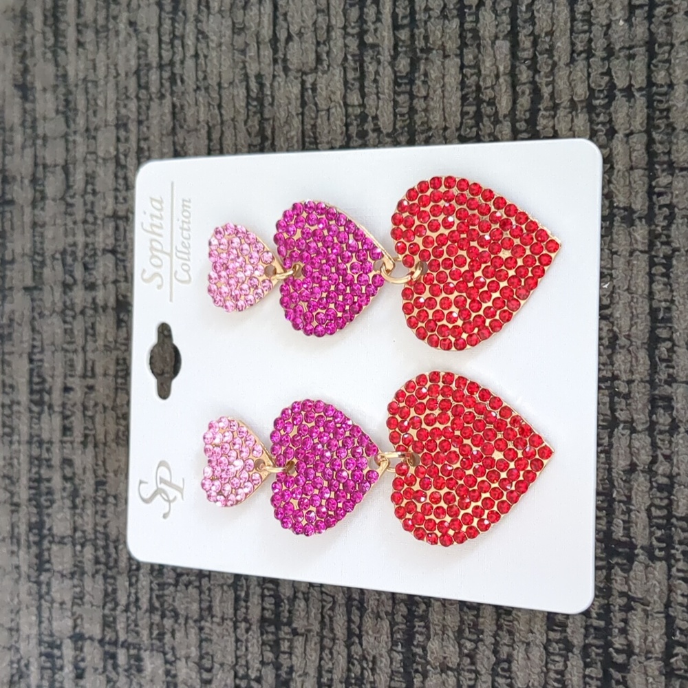 Multicolor Rhinestone Triple Tier Dangle Heart Earrings